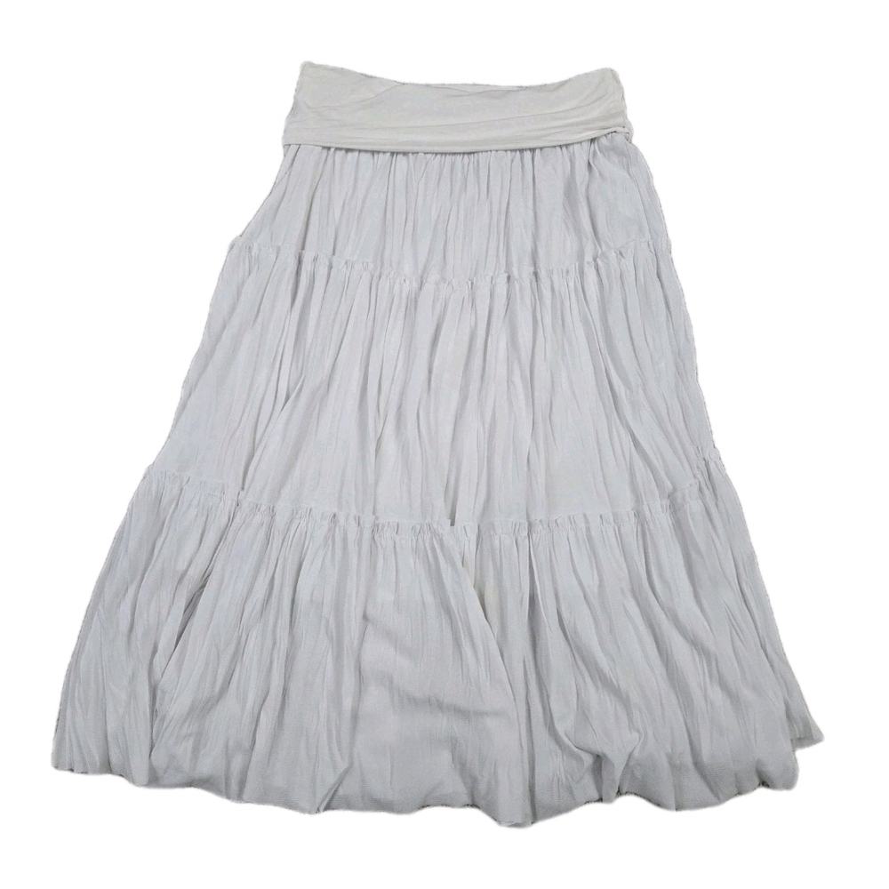 Y2k Moa Moa White Tierd Midi Skirt Fold Over Waist Stretch Festival Clean Girl
